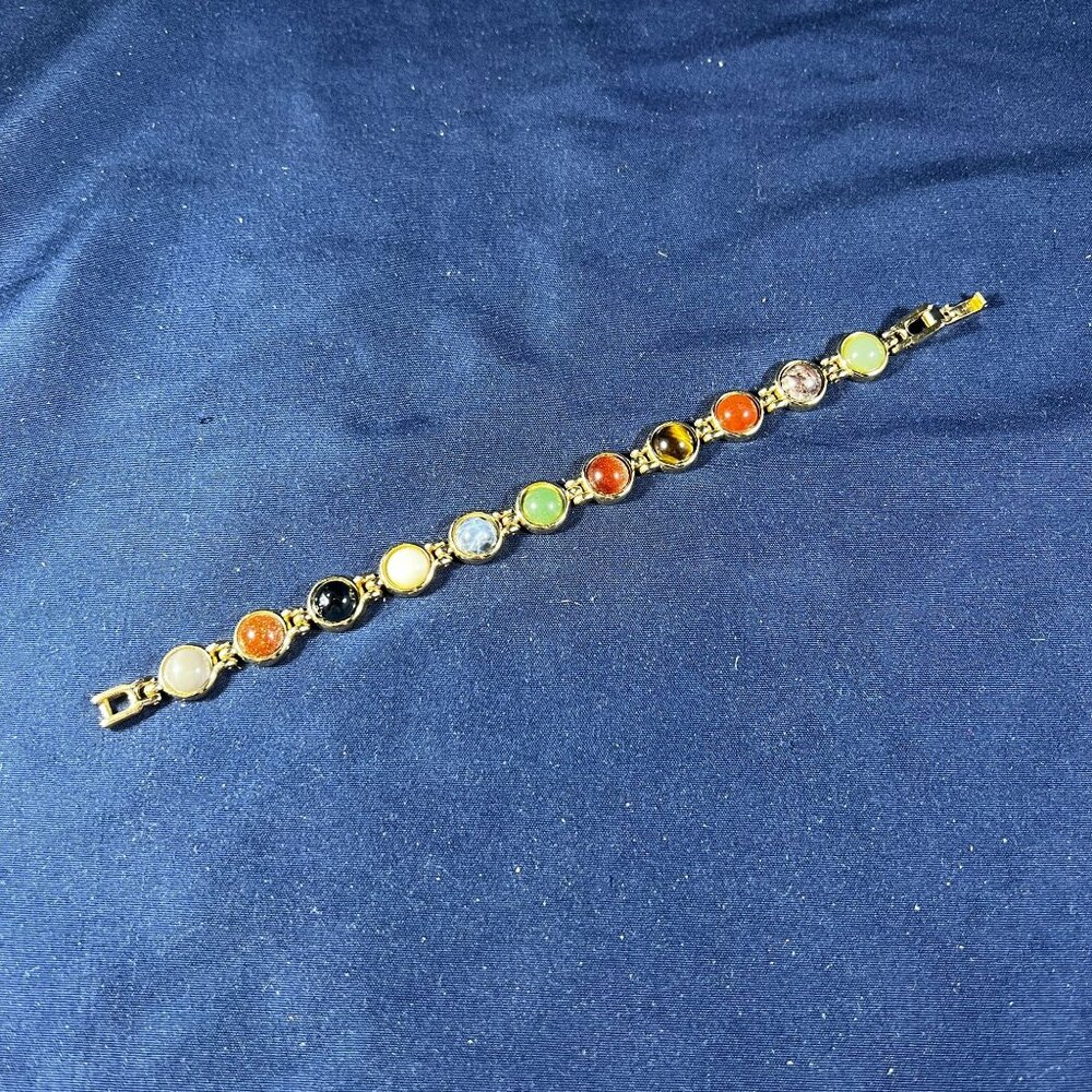Multicolor Natural Stone Bracelet With Gold-Tone Chain For Women